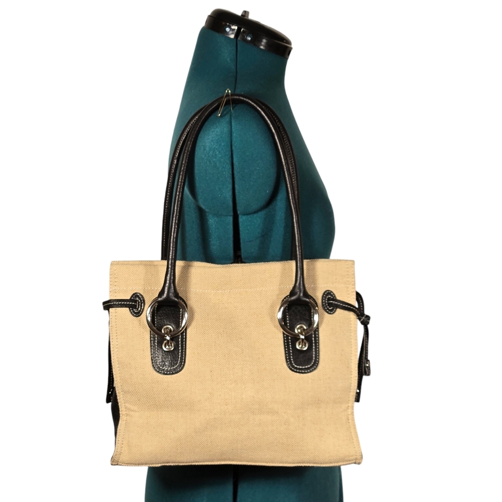 Talbots Tan Linen Blend Tote Bag Black Leather Trim Classic Coastal Grandma